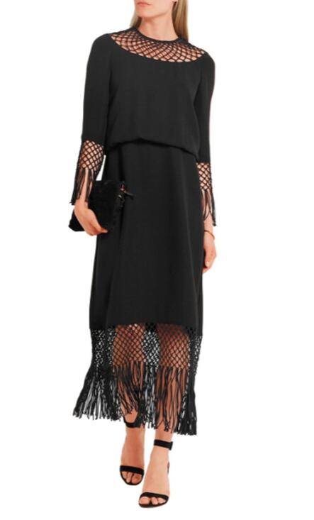 Valentino Garavani Dresses & Skirts - VALENTINO GARAVANI Midi Dress 4 Black Fringed Macramé-Paneled Silk-Crepe FLAW
